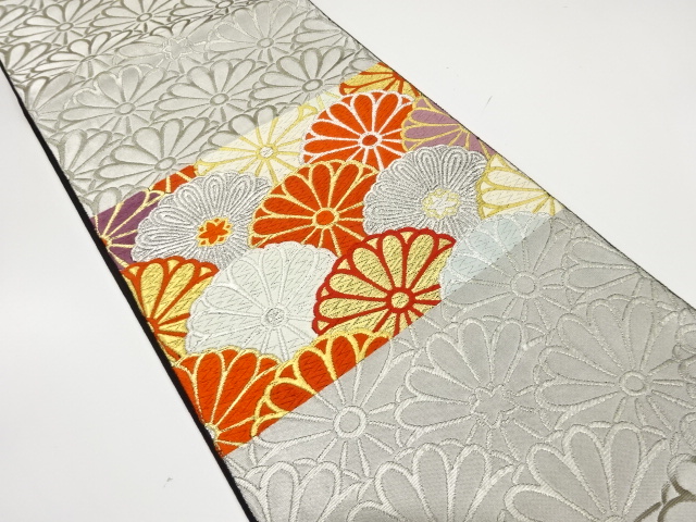 JAPANESE KIMONO / ANTIQUE FUKURO OBI / SILK / WOVEN STRIPE & KIKU